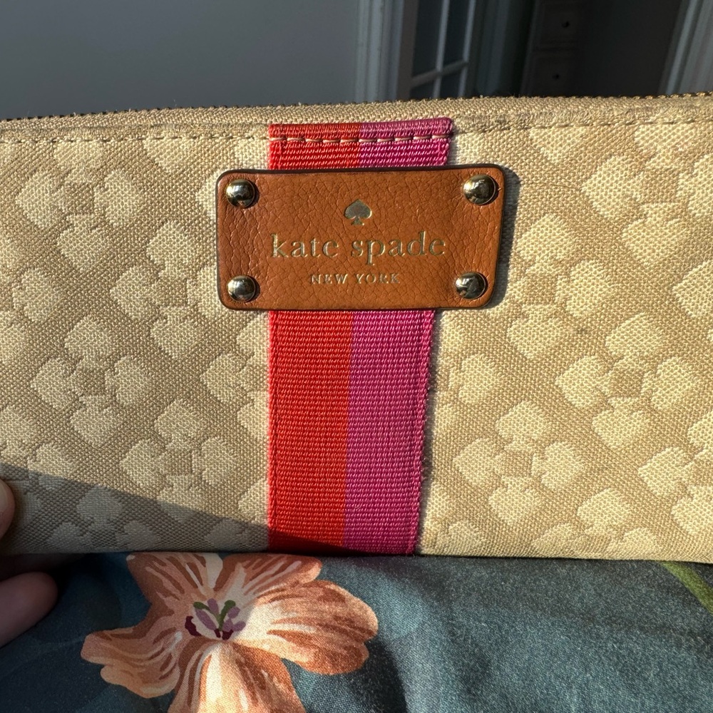 Kate Spade Tan Clutch Wallet with Red and Purple Stripe - Picture 2 of 6